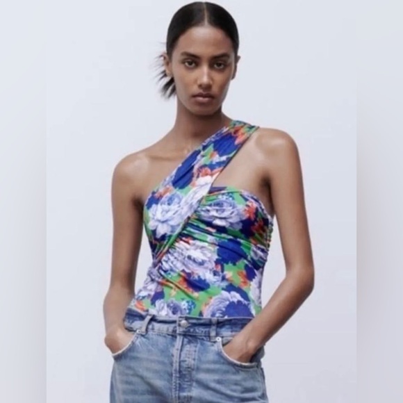 Zara Asymmetric Neckline Ruched Floral Bodysuit Blogger Fave Bold Vibrant Small - Picture 15 of 16